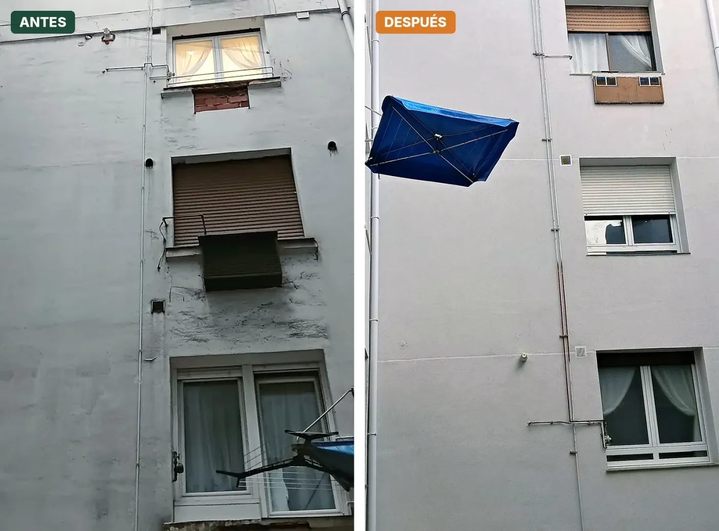 Fachada de patio interior antes y después de la obra de SATE en Estación de Basurto, 12 (Bilbao)