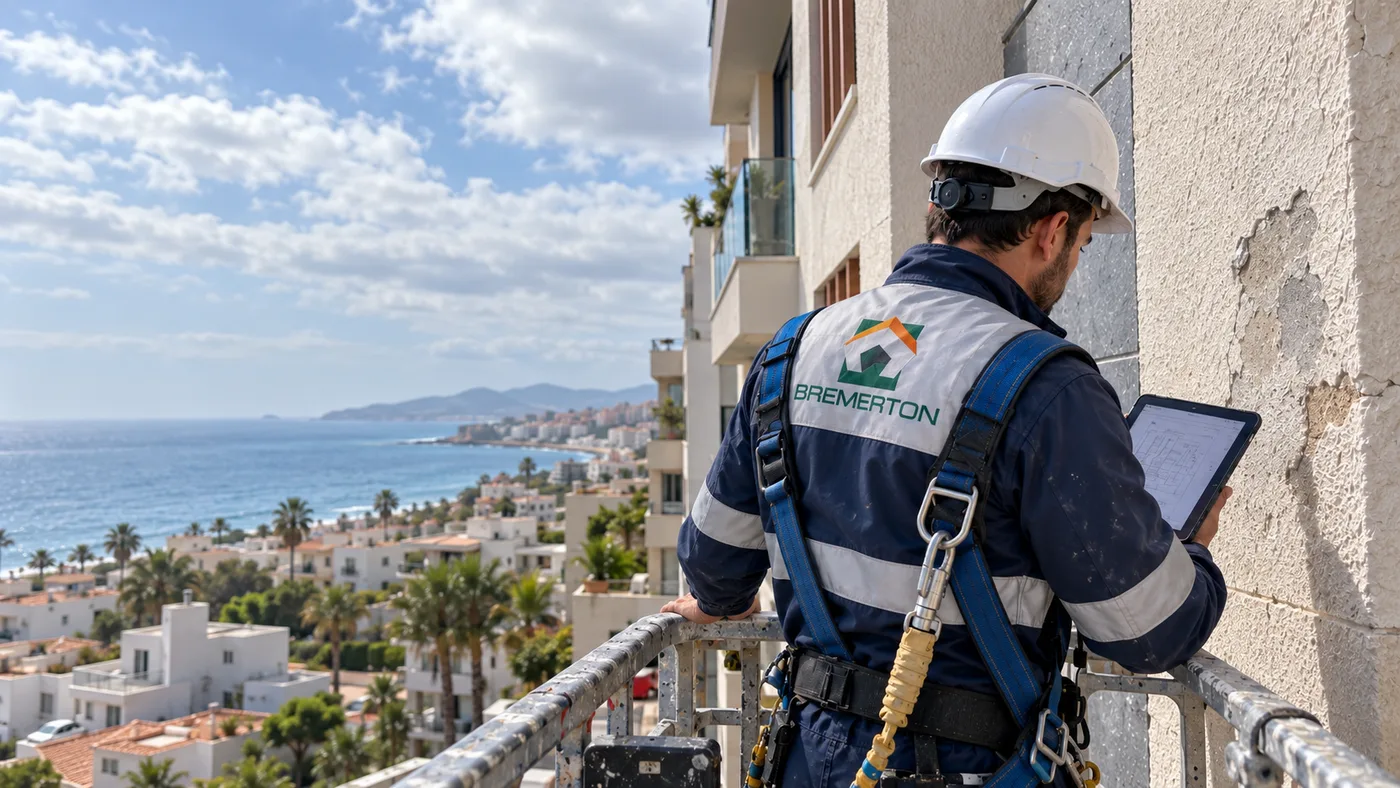 Técnico de Bremerton inspeccionando una fachada costera desde una plataforma elevadora en Gran Canaria